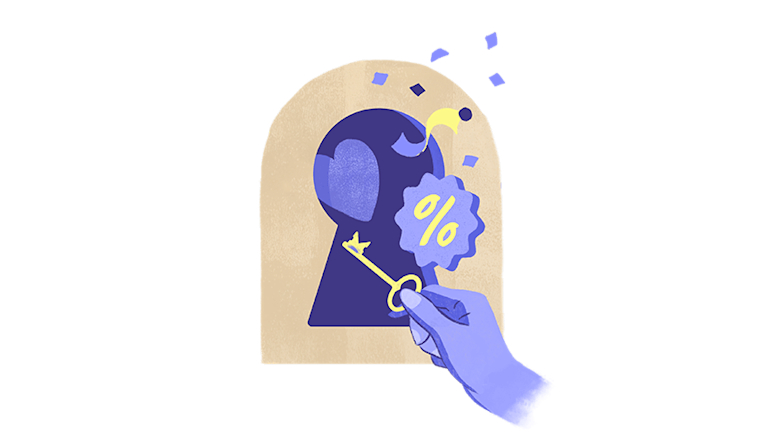 Unlocking a special offer. A hand holds a brass key to a keyhole within an arched frame. A floating discount tag and confetti celebrate your welcome.