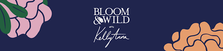 Text reads: Bloom & Wild with Kelly Anna, on a navy blue background with stylised illustrations of peonies.