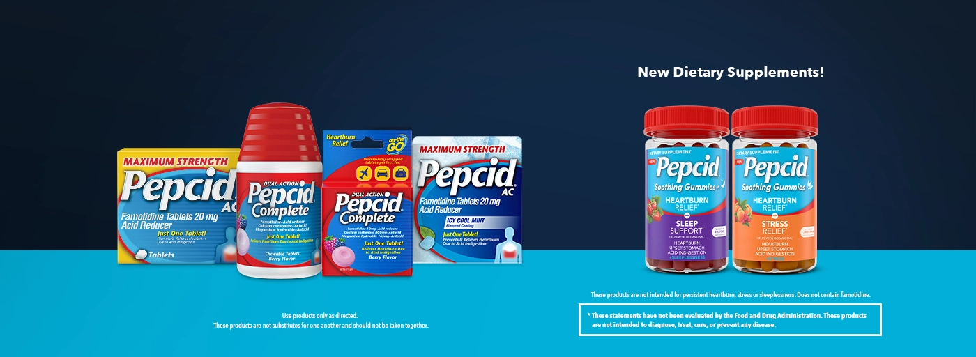 A collection of Pepcid AC Maximum Strength & Pepcid Complete products lined up in a row