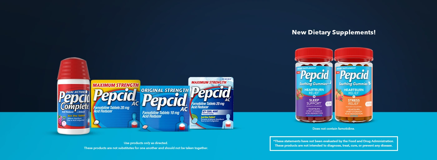 A collection of Pepcid AC Maximum Strength & Pepcid Complete products lined up in a row