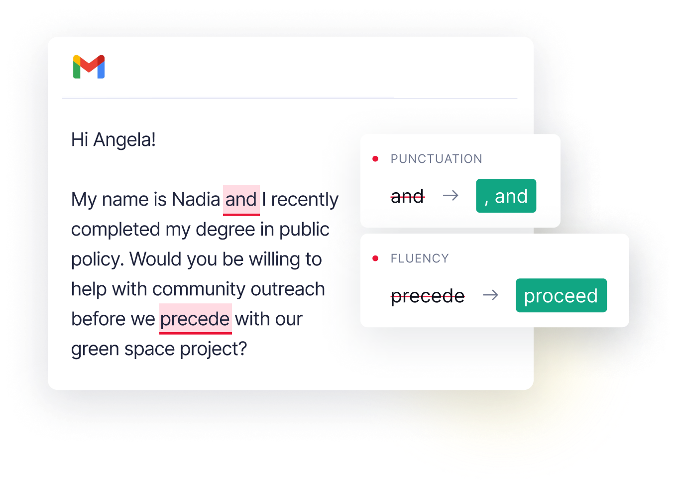 Example of the Grammarly product in an e-mail