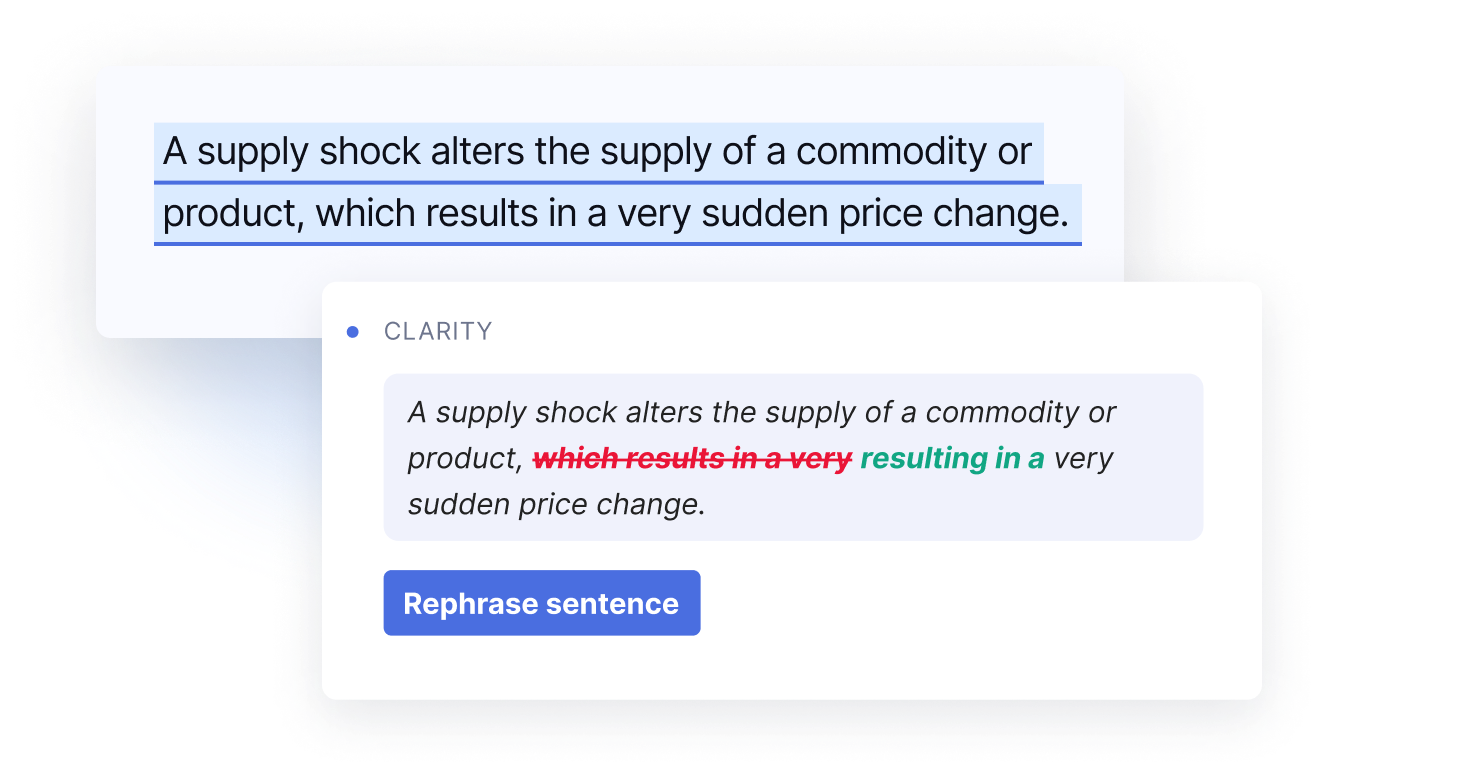 Full-sentence rewrites suggest ways to rephrase your writing for added clarity.