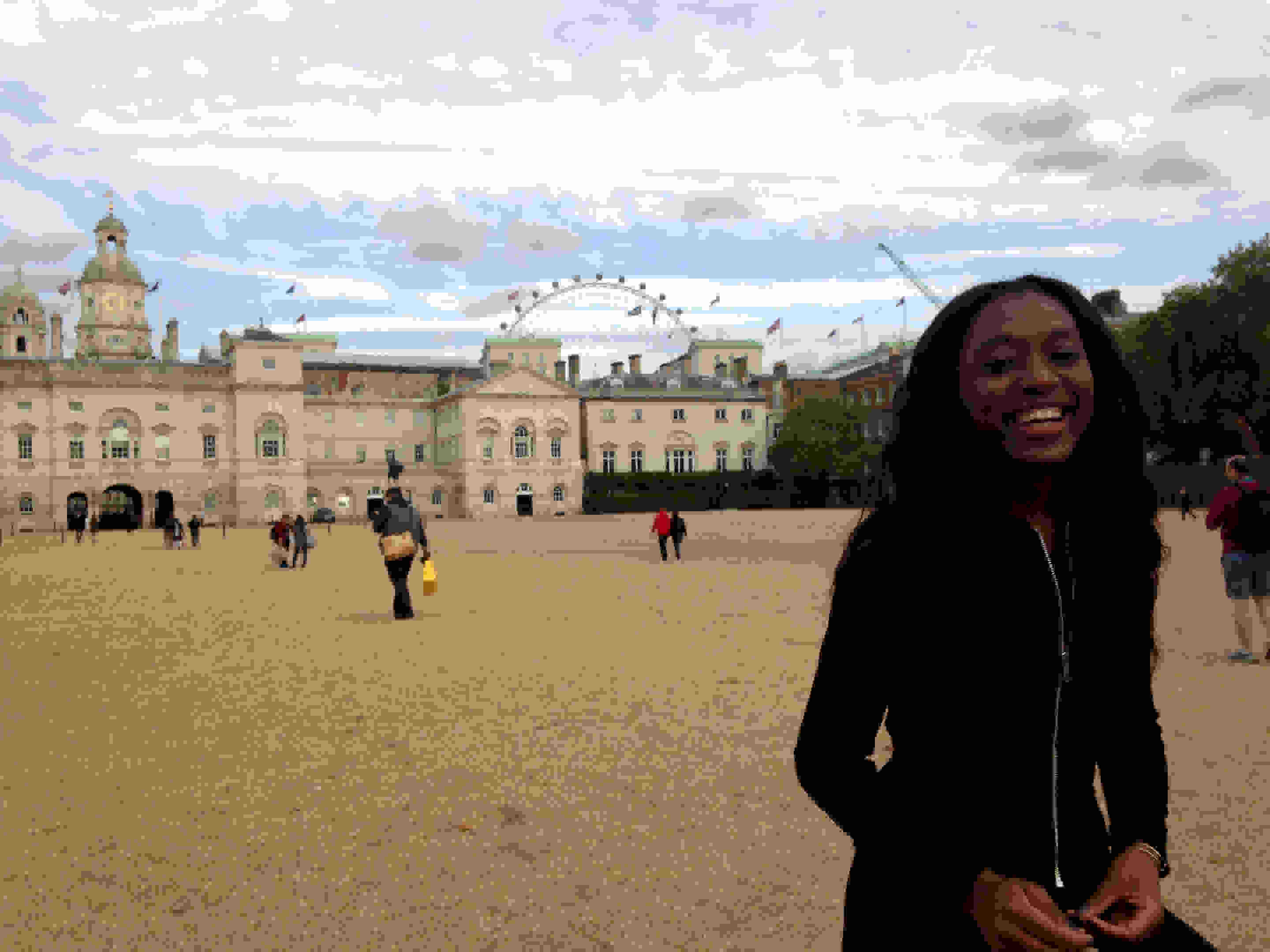 Photo of a Hansard Society Scholars at the back entrance to the Horseguards Parade on Whitehall, London