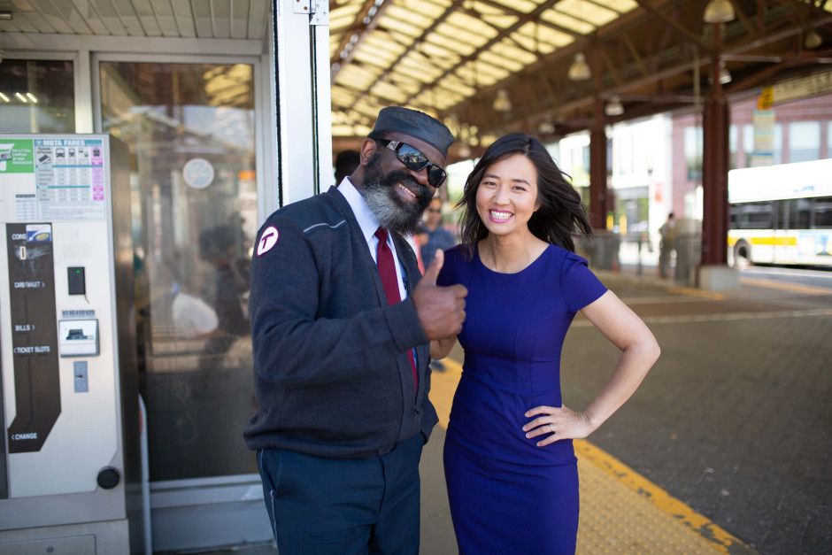 Michelle Wu and MBTA employee.