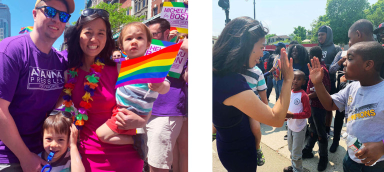Left: Michelle Wu is joined at the Boston Pride parade by her husband, Conor, and her two sons, Blaise & Cass. Right: Michelle Wu high fives a young constituent at the Dorchester Day Parade.