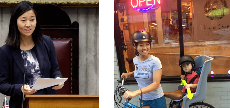 Left: Michelle Wu delivers a speech from the rostrum in the City Council chamber. Right: Michelle Wu bicycles by Village Sushi & Grill with her son in a child seat. 