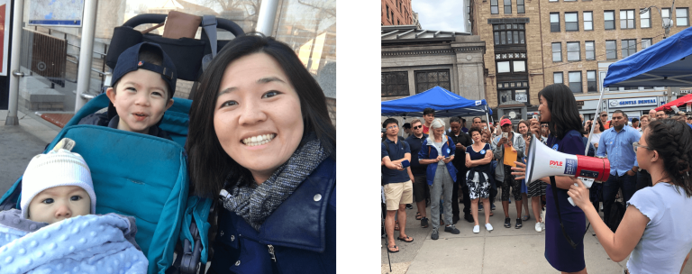 Left: Michelle Wu smiles next to her sons Cass & Blaise in a tandem stroller. Right: Michelle Wu speaks at a Free The T rally at the Park Street Station with constituents and other elected officials.