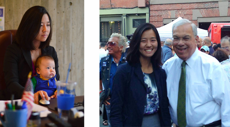 Left: Michelle Wu at her desk with her infant son in her lap. Right: Michelle Wu and late Mayor Thomas Menino stand together across from food trucks at a crowded Boston street fair.