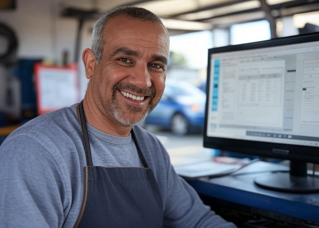 Confident Garage Owner with autoGMS Dashboard