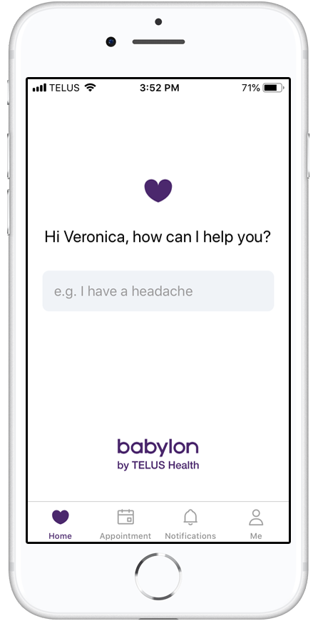 Step 1: Picture of a phone screen showing the first page of the Babylon app