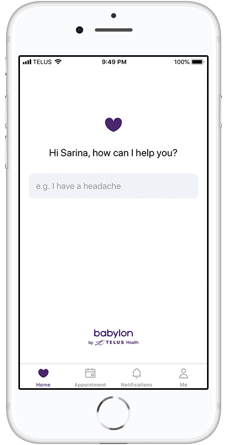 Step 1: Picture of a phone screen showing the first page of the Babylon app