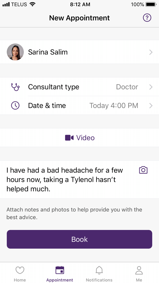 Virtual care appointment details on a mobile phone.