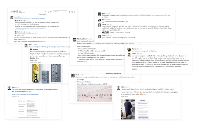 Multiple screenshots of conversations in the Figma design-crit-crit Slakc channel