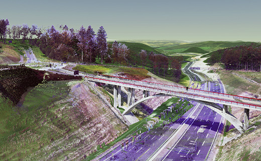 Trimble Clarity software showing point cloud image of suspension bridge over a highway.