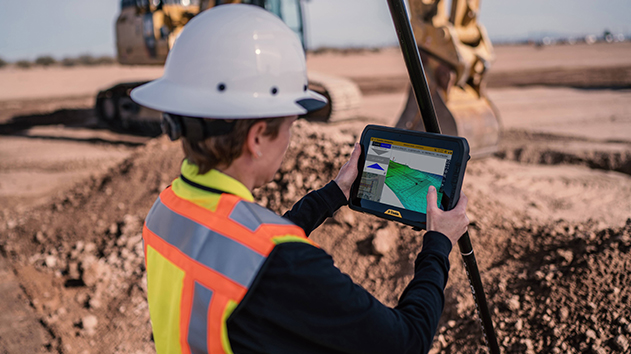 Trimble Siteworks T100 tablet being used for a construction surveying project on a job site