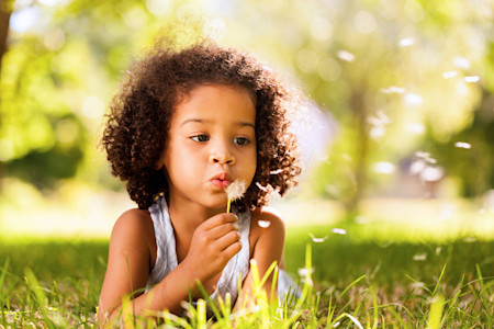 Toddler outside holding a dandelion