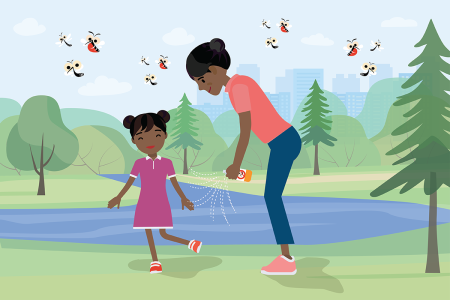 illustration of mother using bug spray on daughter