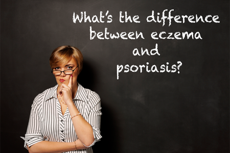 Lady in front of a chalkboard wondering about the difference between eczema and psoriasis