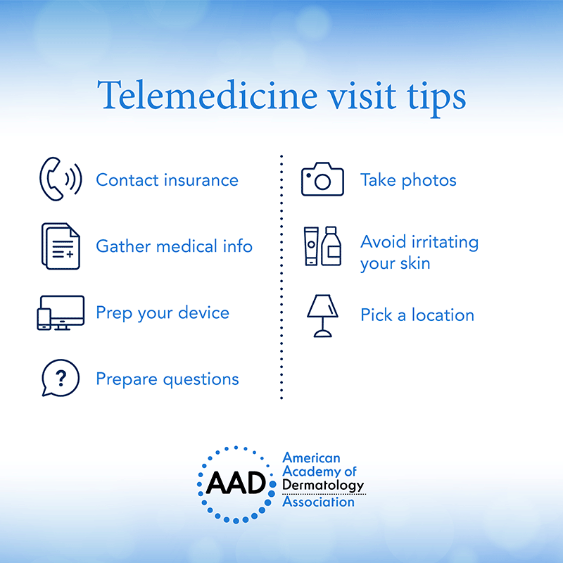 Infographic providing tips on how to prepare for a telemedicine visit with your dermatologist.