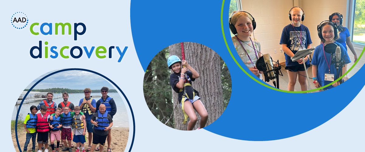 Image for AAD Camp Discovery for Kids, showing diverse campers wearing life vests, standing before a lake; a child wearing a harness to ride a rope; campers singing in a studio | American Academy of Dermatology (AAD).