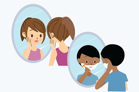 Illustration of boy and girl looking in mirror