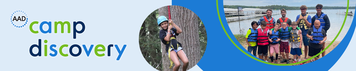 Banner image of kids at Camp Discovery, with one child in a helmet swinging on a rape, and in a separate photo, a group of kids in life vests near the water | American Academy of Dermatology (AAD)