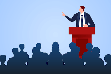 Illustration of male standing at podium making a speech.
