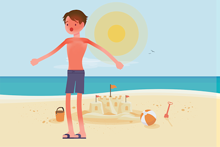 illustration of boy at beach with sunburn