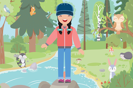 Illustration of girl in clothing that covers body in woods