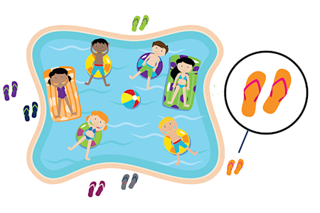Kids in a pool with a detail of flip-flops