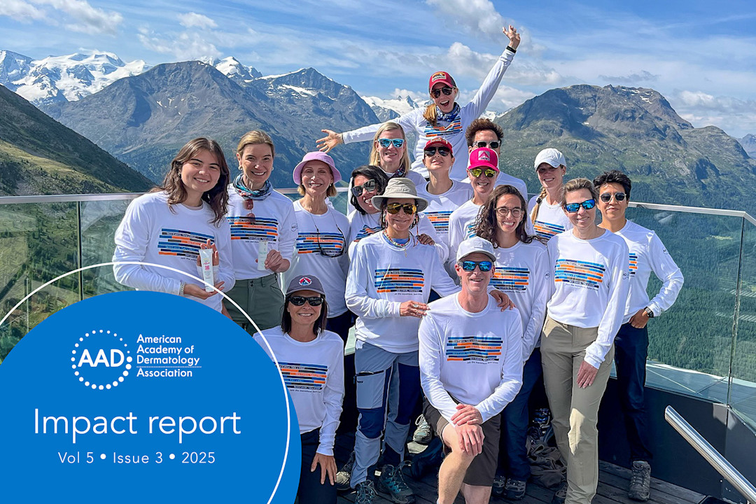 Image of a diverse group of dermatologists standing in front of a stunning panoramic view of a snow-capped mountain range for the AAD/A Impact Report, Issue 3 2025