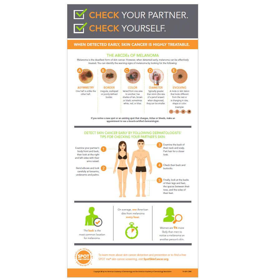 The American Academy of Dermatology recommends that everyone check their skin and their partner's skin regularly for any new or suspicious spots. This infographic explains how to perform a skin exam from head to toe and what signs to look for on the skin.