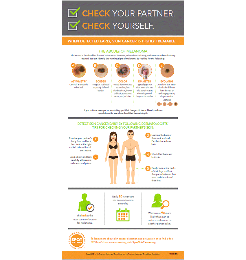 The American Academy of Dermatology recommends that everyone check their skin and their partner's skin regularly for any new or suspicious spots. This infographic explains how to perform a skin exam from head to toe and what signs to look for on the skin.