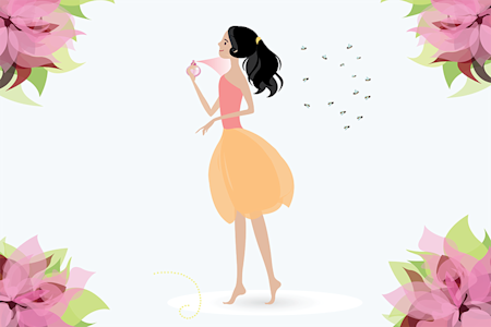 Illustration of woman spraying perfume on herself