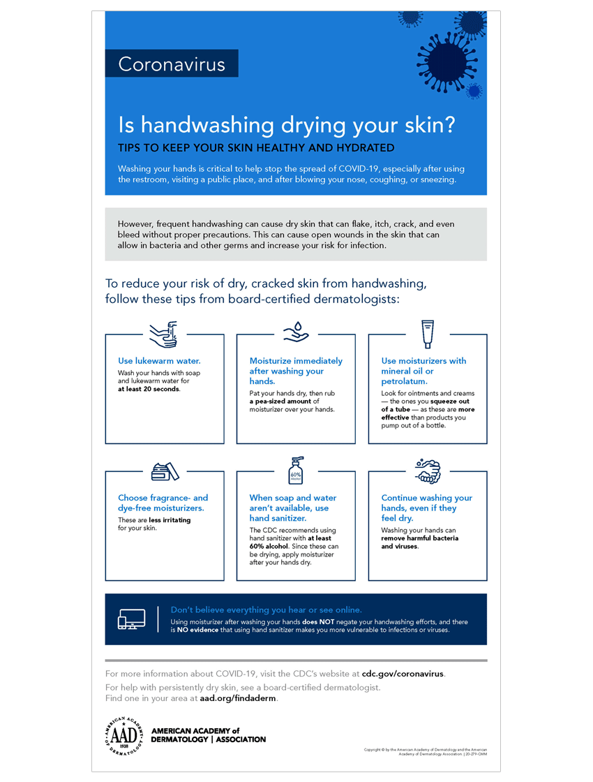 Infographic providing tips to help keep your skin healthy and hydrated during the frequent COVID-19 (Coronavirus) handwashing.