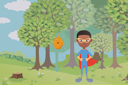 illustration of kid near bee hive