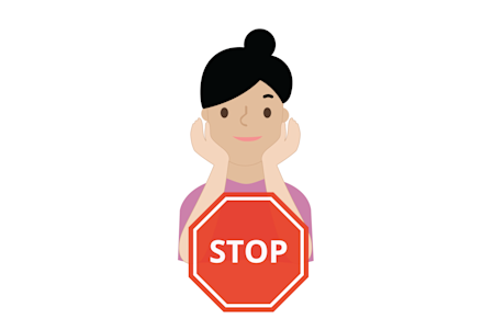 Illustration of a young girl touching her face and a stop sign