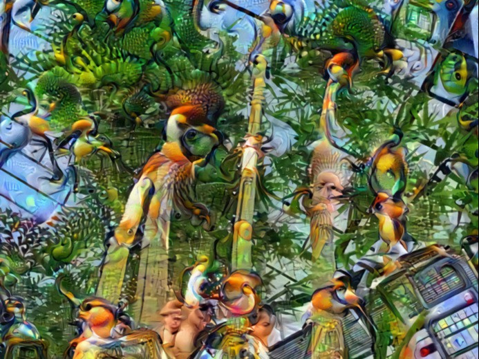 Photo of bamboo; the deep dream stylization adds a style pattern of images it has been trained on 