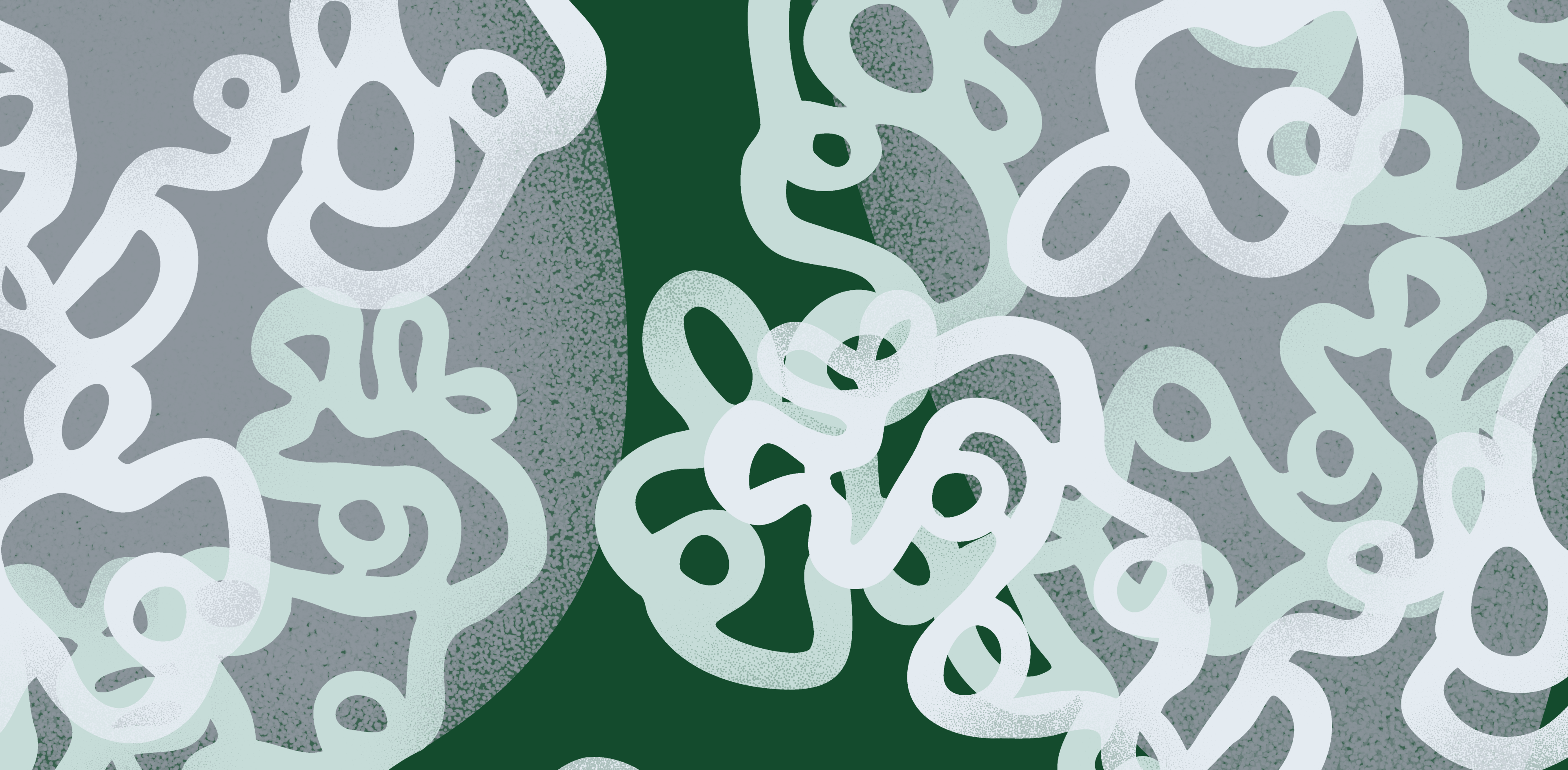 Decorative Lilly pattern of looping, ribbon-like organic shapes in green, grey and white.