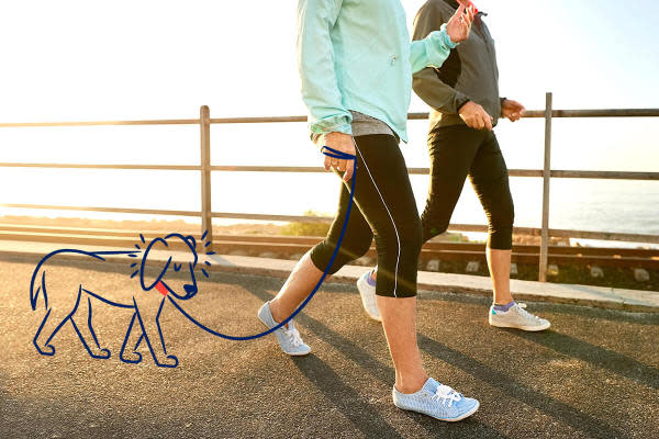 an illustrated dog with autism trails behind their owners looking anxious in a public setting, which is a dog autism symptom