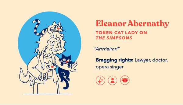 a cat lady illustration of Eleanor Abernathy, the token cat lady on The Simpsons, and three cats hanging from her body