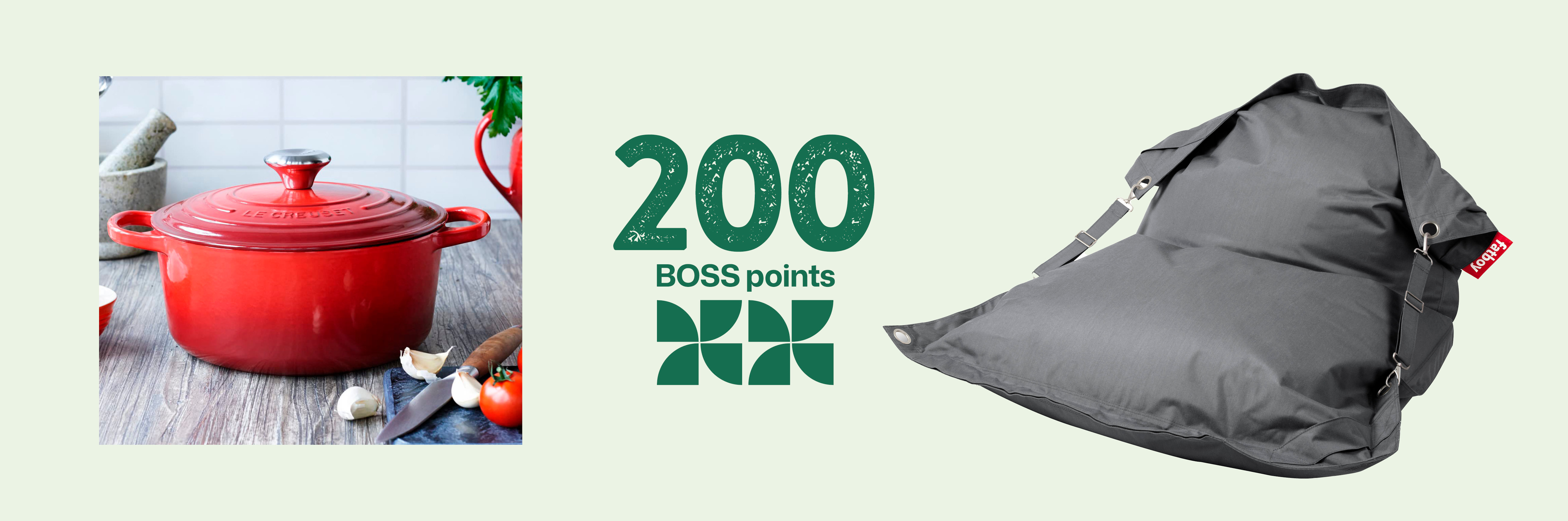 Een rode Nederlandse oven, het getal "200 BOSS points" in groene tekst en een grote grijze zitzak op een lichte achtergrond.