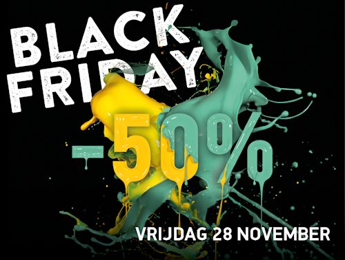 Black Friday verkoopadvertentie met tekst "-50%" voor gele en groene verfspatten en "Vrijdag 28 november" onderaan.