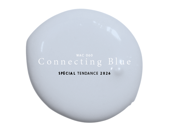 Une goutte de peinture avec le texte « WAC 060 Connecting Blue SPÉCIAL TENDANCE 2026 » sur fond blanc.