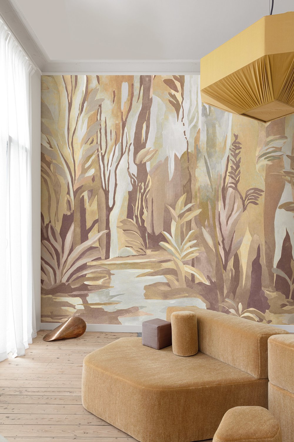 behang - woonkamer - Masureel - Ray - DGRAY2041-2044 - zand - taupe - lichtbruin - crème - zachtgeel - lichtgrijs - botanisch behang in zachte aardetinten