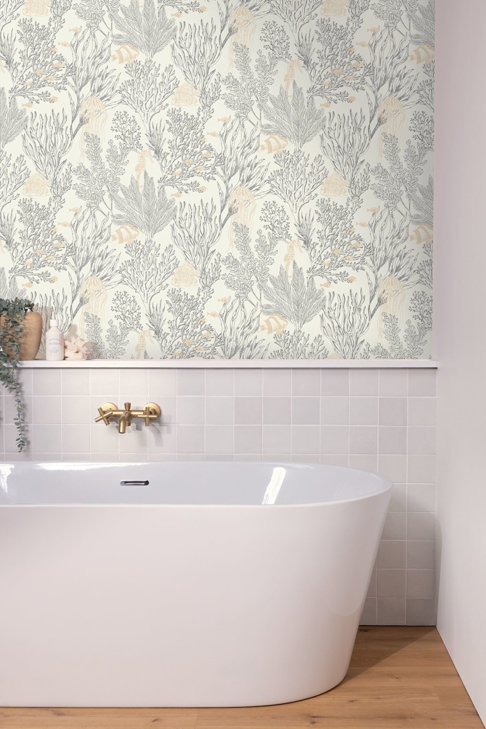 papier peint - salle de bain - Casalio - Moonlight 3 - 107199948 - blanc - jaune - Corail, vie marine, accents dorés