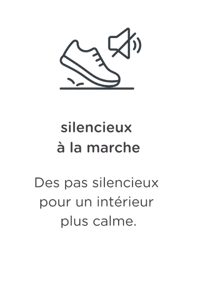 Une illustration simple représentant une chaussure, surmontée d'une icône symbolisant un son étouffé. En dessous, on peut lire en français : « Des chaussures silencieuses. L'absence de cliquetis de pas garantit la tranquillité dans la maison. »