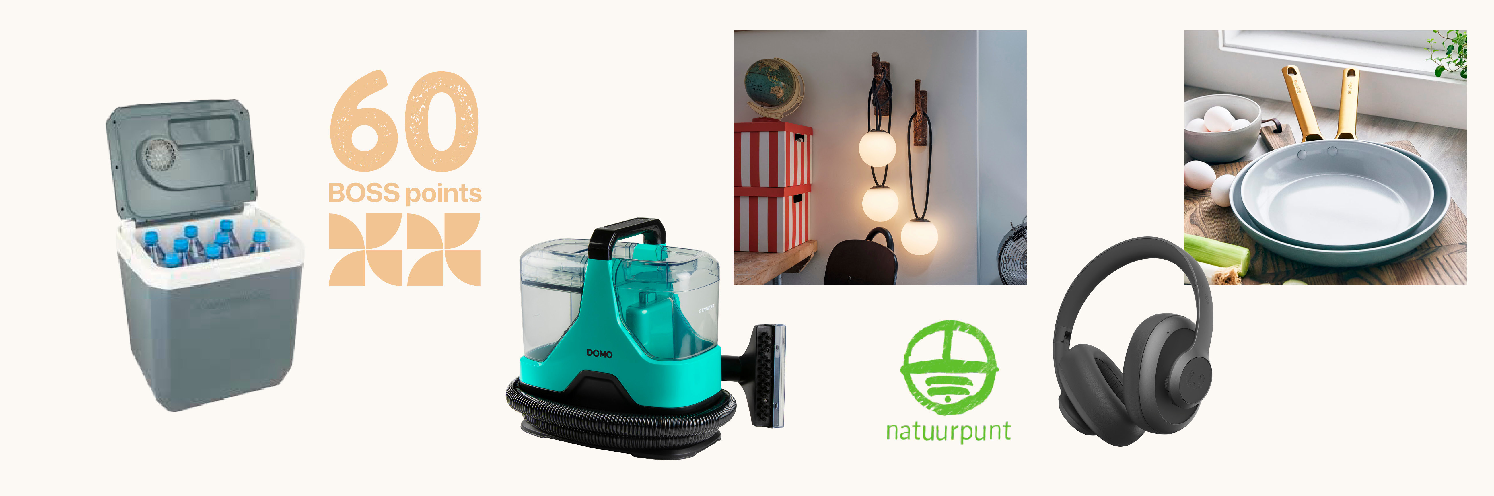 Een collage van voorwerpen: een koelbox met gebottelde drankjes, tekst "60 BOSS-punten", een groen logo, een tapijtreiniger, een lamp aan een muur, een groen-witte pannenset en een zwarte draadloze hoofdtelefoon.
