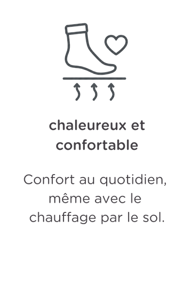 Image d'une chaussette ornée d'un petit cœur au-dessus de lignes ondulées, symbolisant la chaleur. Le texte en néerlandais dit : « Chaleureuse et confortable. Agréable au toucher, elle est idéale avec le chauffage au sol. »