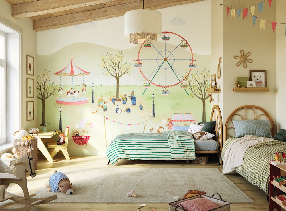 papier peint - salon - Casadeco - Once upon a time 3 - 202997207 - blanc - jaune - rouge - bleu - Chambre d'enfant avec un paysage de fête foraine coloré